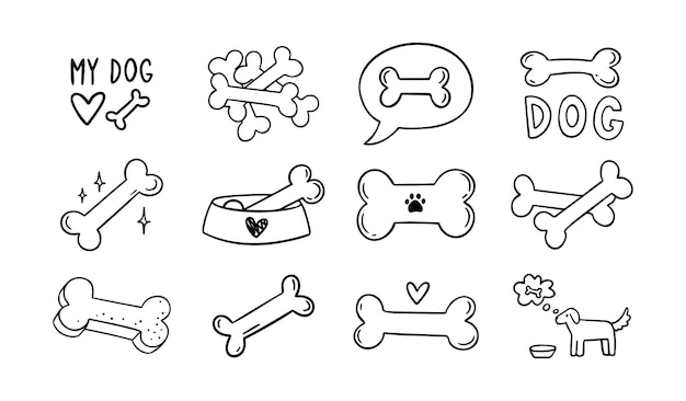 Conjunto de huesos dibujados a mano para perros Contorno de huesos aislados sobre fondo blanco Iconos de huesos de línea