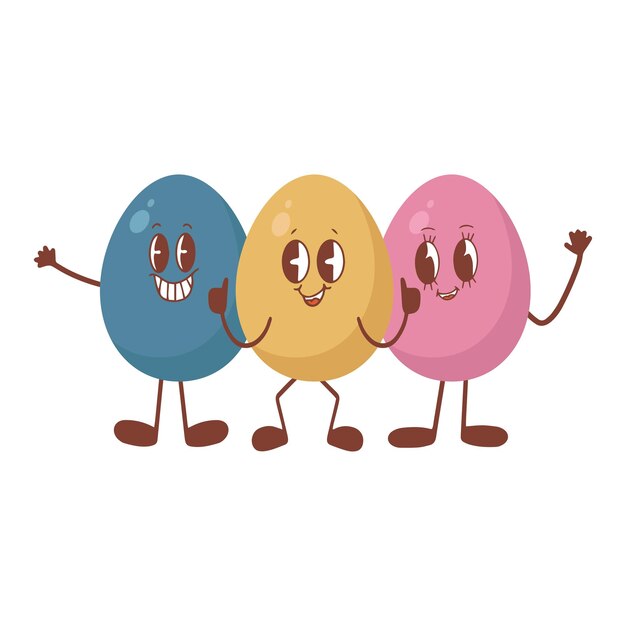 Conjunto de huevos al estilo Kawaii y la inscripción "Feliz Pascua"
