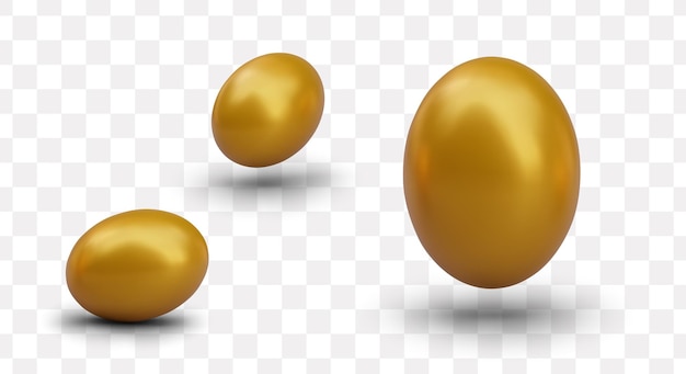 Conjunto de huevos dorados realistas en diferentes posiciones sorpresas dulces envueltas en papel de aluminio brillante