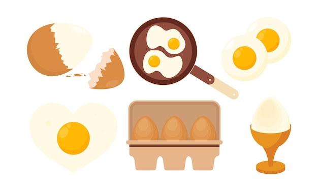 Conjunto de huevos Ilustración plana Huevos de granja orgánica en diferentes formas cocinados Hervidos Huevos crudos fritos