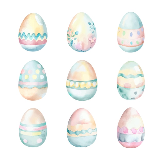 Conjunto de huevos de Pascua en acuarela aislados sobre un fondo blanco Ilustración dibujada a mano