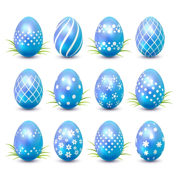 Conjunto de huevos de Pascua azules con patrones decorativos e ilustración de hierba