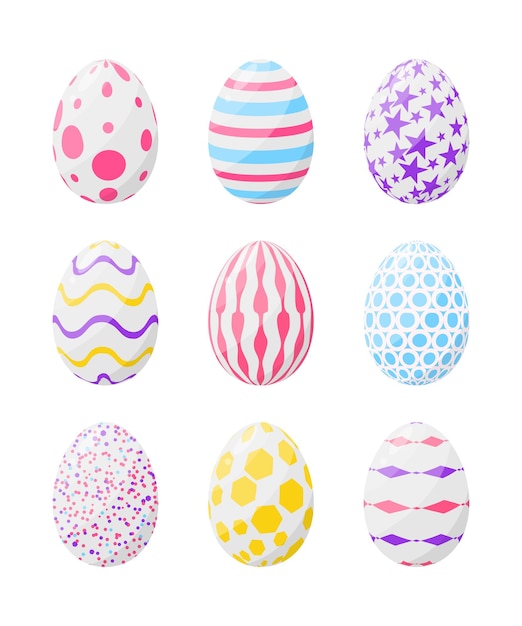 Conjunto de huevos de Pascua blancos con patrones coloridos