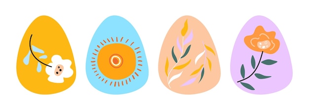 Conjunto de huevos de Pascua botánicos hojas de flores y sol en patrones en huevos de pascua
