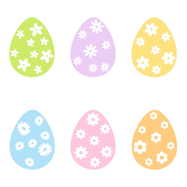 conjunto de huevos de pascua coloreados con flores blancas