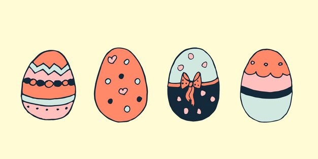 Conjunto de huevos de Pascua de colores dibujados a mano Decoración para las vacaciones de Pascua Huevos decorados de colores en estilo doodle