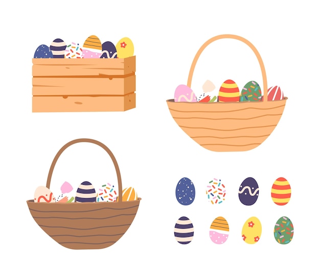 Conjunto de huevos de Pascua coloridos huevos de pollo o chocolate decorados en caja de madera y cesta de mimbre aislado en blanco