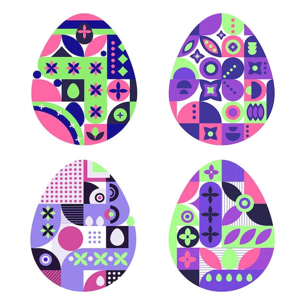 Conjunto de huevos de Pascua coloridos con patrones geométricos y motivos florales