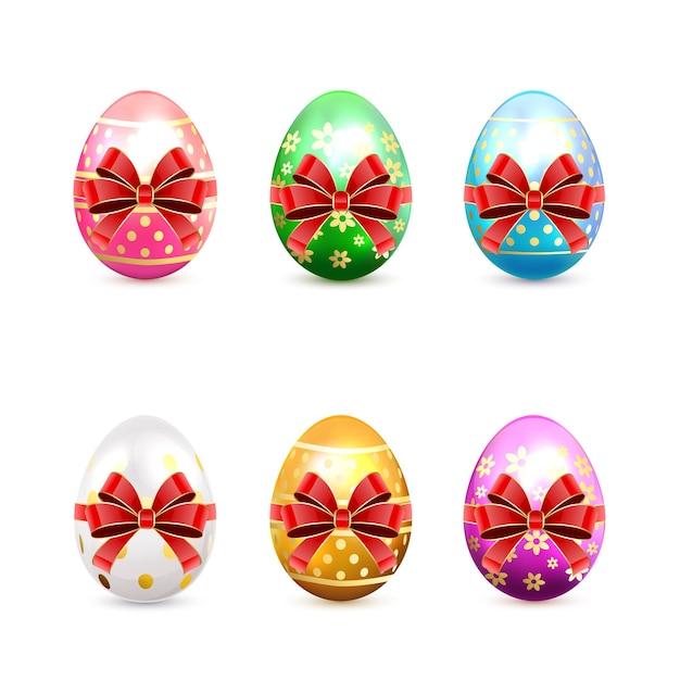 Conjunto de huevos de Pascua decorativos con lazo rojo aislado sobre fondo blanco, ilustración.