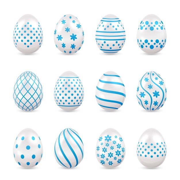 Conjunto de huevos de Pascua decorativos con patrones azules aislados sobre fondo blanco, ilustración.