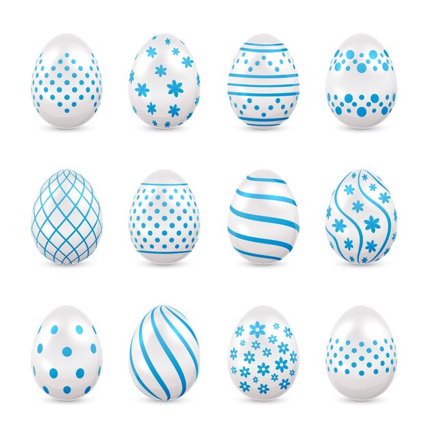 Conjunto de huevos de pascua decorativos con patrones azules aislados sobre fondo blanco, ilustración.