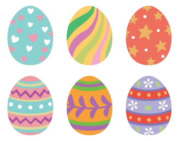 Conjunto de huevos de Pascua con diferentes patrones sobre fondo blanco.