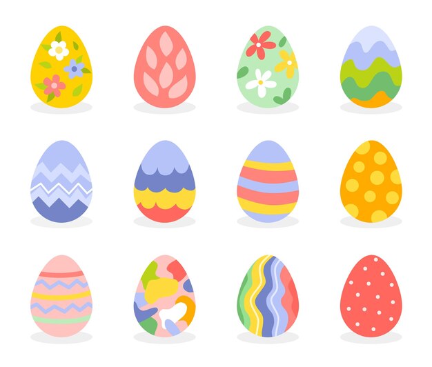 Conjunto de huevos de Pascua en diseño plano en colores primaverales. ilustración vectorial