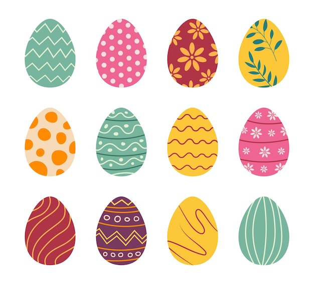 Conjunto de huevos de Pascua diseño plano sobre fondo blanco Elementos decorativos felices de Pascua