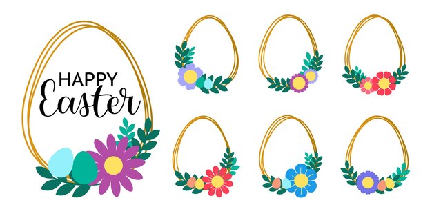 Conjunto de huevos de Pascua dorados en marcos con flores
