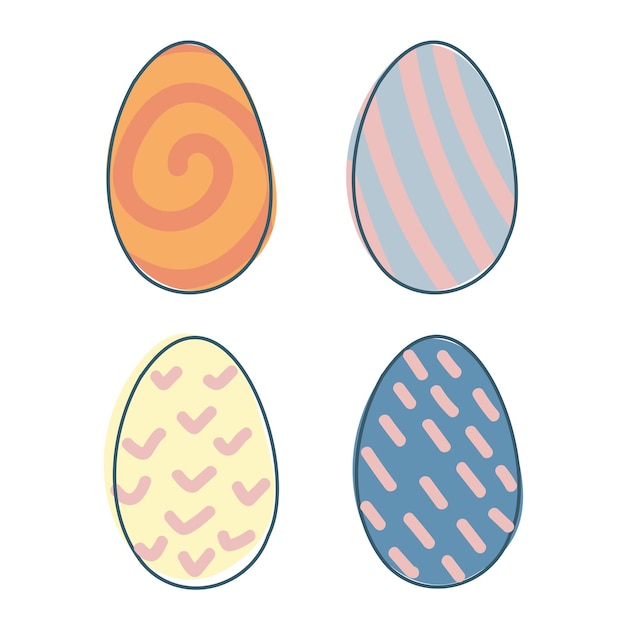 Un conjunto de huevos de Pascua dulces festivos huevos de colores en estilo doodle gráficos vectoriales aislados sobre fondo blanco