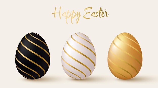Conjunto de huevos de Pascua Elementos de diseño 3d en blanco y negro con líneas doradas