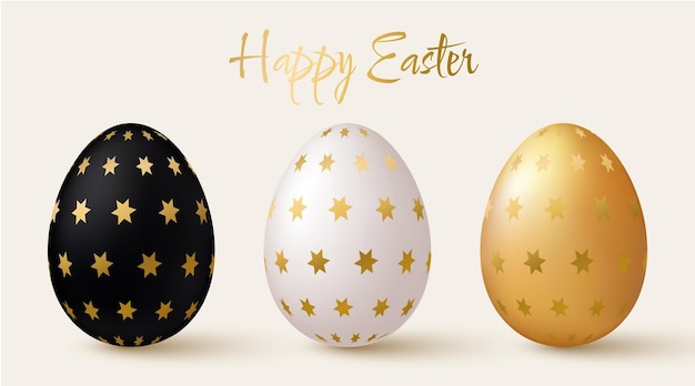 Conjunto de huevos de Pascua Elementos de diseño 3d en blanco y negro con patrón de estrella dorada