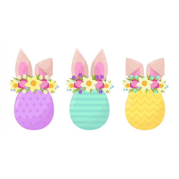 Conjunto de huevos de Pascua con orejas de conejo en coronas florales