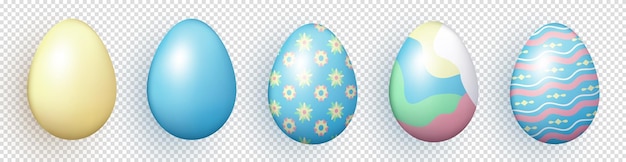 Conjunto de huevos de Pascua pintados de colores realistas en 3D con varios patrones en un fondo transparente