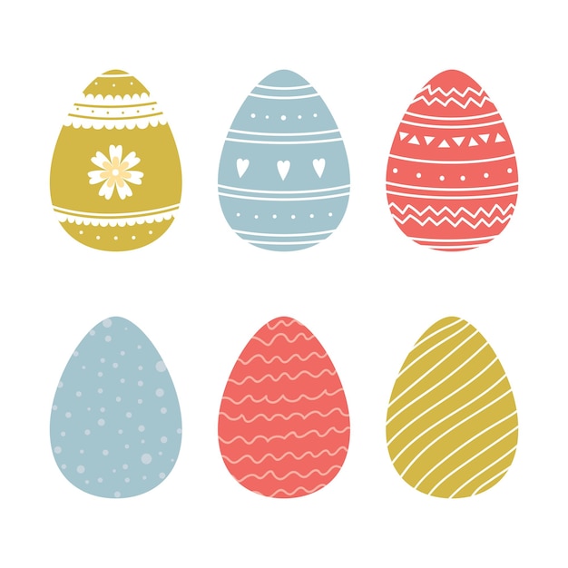 Conjunto de huevos de Pascua simples con patrón diferente aislado sobre fondo blanco Ilustración de vector de dibujos animados coloridos Elemento de diseño para impresión de invitación de tarjeta de felicitación