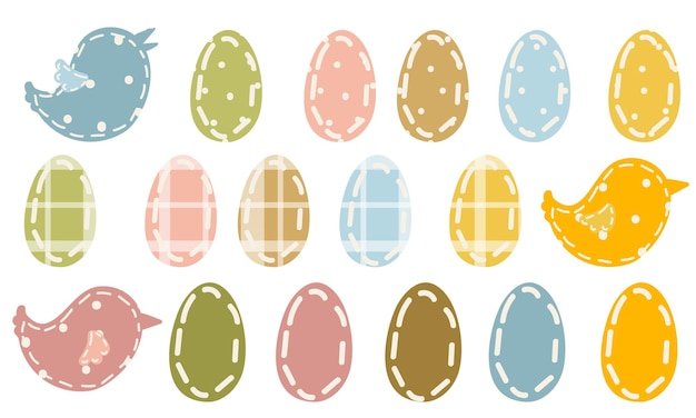 Un conjunto de huevos de Pascua con textura de diferentes tipos de tela en diferentes colores El contorno