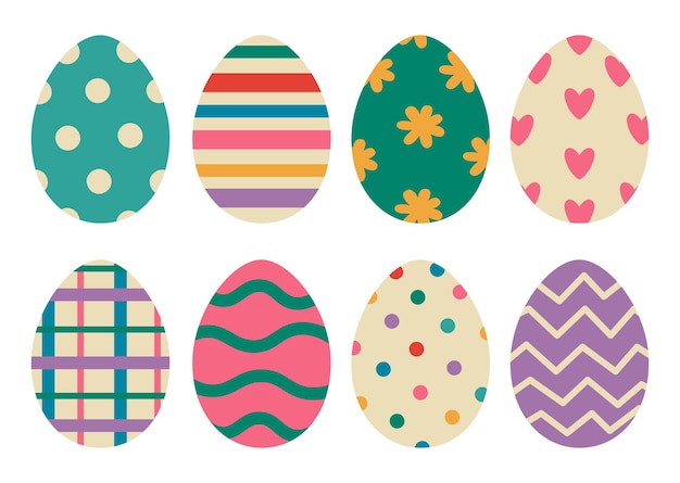 Conjunto de huevos de Pascua Varios huevos en colores pastel puntos polcas rayas a cuadros ilustración vectorial para fondo impresión tarjeta de felicitación y otro diseño de vacaciones