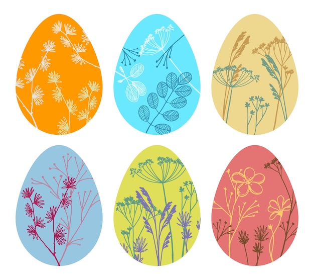 Conjunto de huevos de vacaciones de Pascua decorados con plantas silvestres Ilustración vectorial dibujada a mano aislada en blanco Colección de imágenes prediseñadas suave