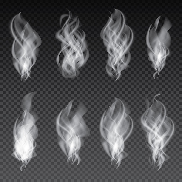 Conjunto de humo aislado sobre fondo transparente. Ilustración de vector.