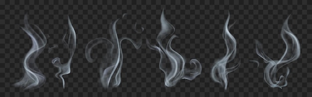Conjunto de humo o vapor translúcido realista en colores grises sobre transparente