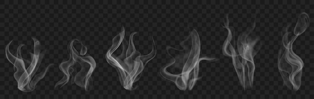 Conjunto de humo o vapor transparente realista en colores blanco y gris, para usar sobre fondo oscuro. Transparencia solo en formato vectorial