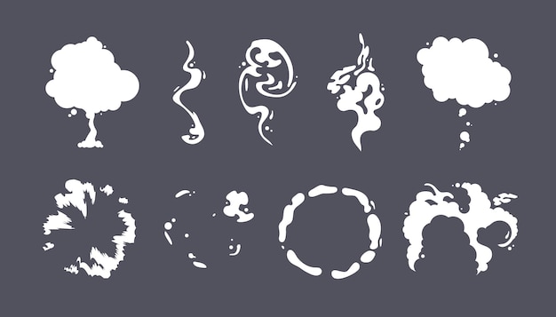 Vector conjunto de humo vectorial de plantilla de efectos especiales nubes de vapor de dibujos animados niebla niebla vapor acuoso o explosión de polvo ilustración vfx 2d