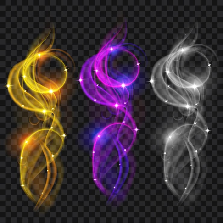 Vector conjunto de humos de colores translúcidos con destellos. transparencia solo en archivo vectorial