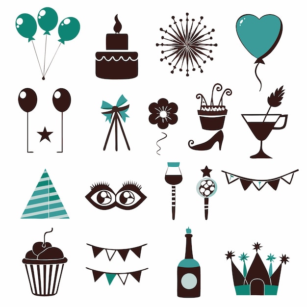Conjunto de iconas de fiestas lindas perfectas para invitaciones, scrapbooking o diseño web