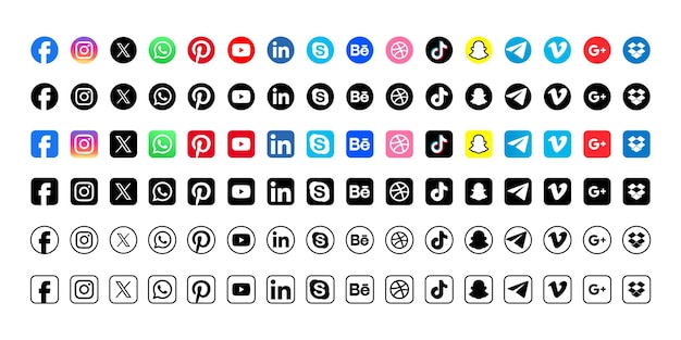 Conjunto de iconas vectoriales de redes sociales populares que incluyen Facebook Instagram x YouTube WhatsApp