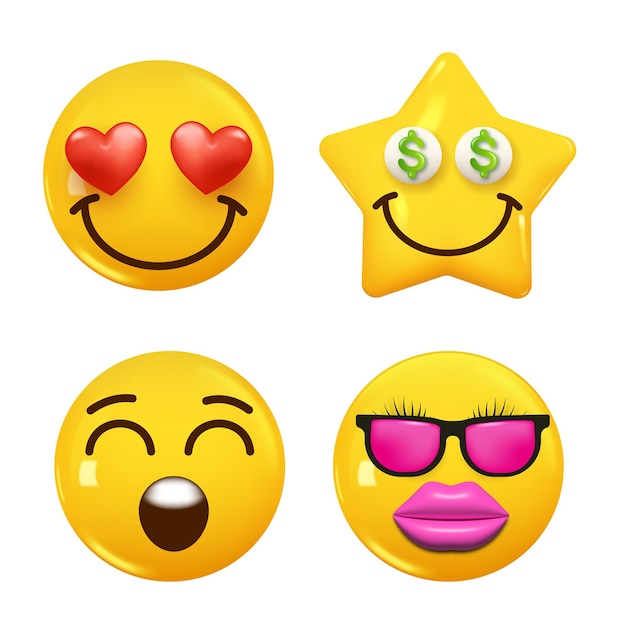 Conjunto de icono 3d color amarillo sonrisa emoji establecer icono sonrisa emoji vector