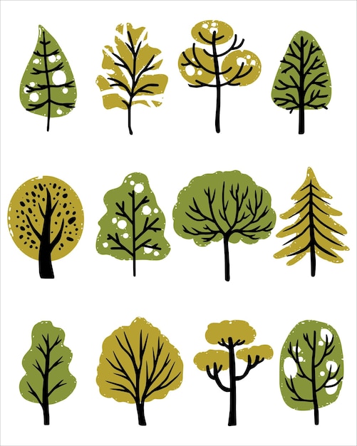 conjunto Icono de árboles de dibujos animados o hojas verdes colección de árboles aislados Ilustración de stock vectorial EPS