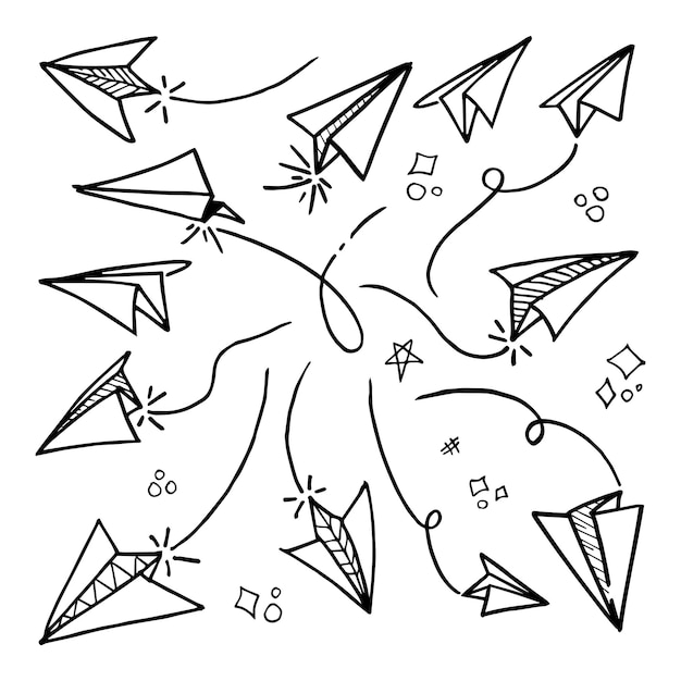 Conjunto de icono de avión de papel de doodle. Avión de papel de sorteo a mano. Ilustración de vector.