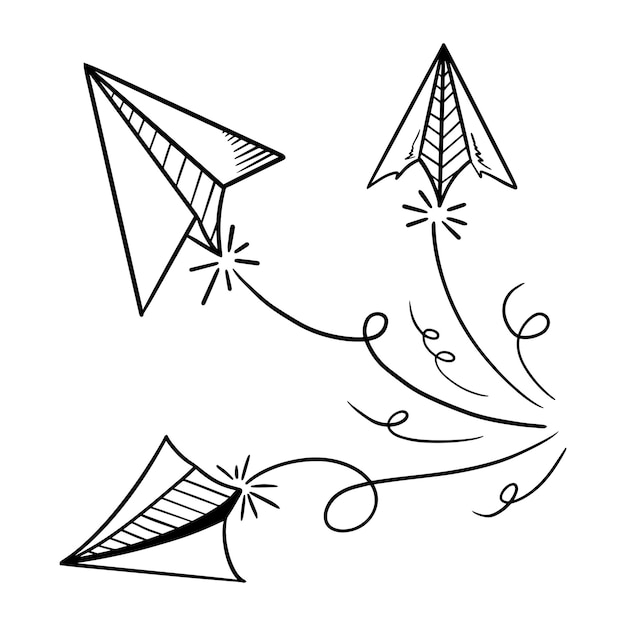 Conjunto de icono de avión de papel de garabato Mano dibujar avión de papel Ilustración vectorial