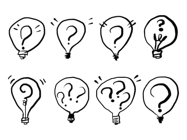 Conjunto de icono de bombilla dibujado a mano con signo de pregunta doodle preguntas marcas aisladas en ilustración de vector de fondo blanco