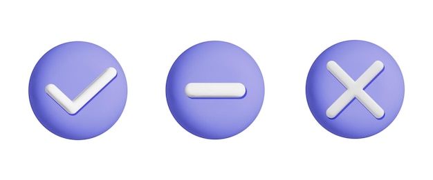 Conjunto de icono de botón redondo violeta violeta vectorial 3d más menos y diseño de elemento web de signo de marca de verificación