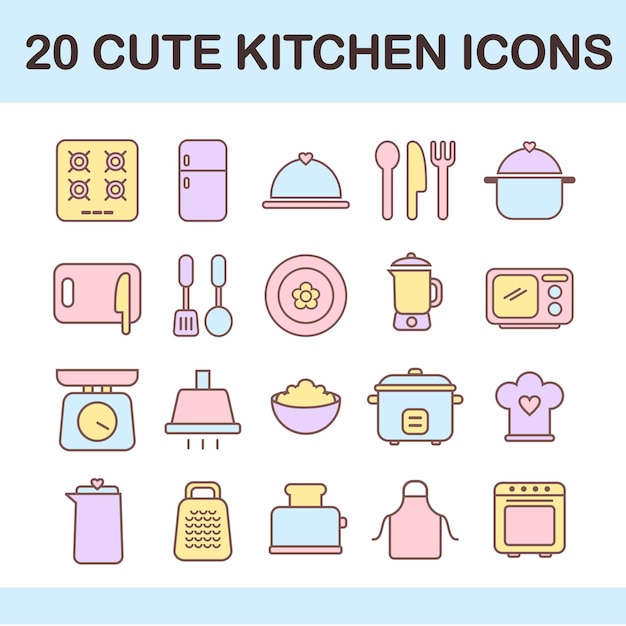 Conjunto de icono de cocina lindo icono de cocción color pastel
