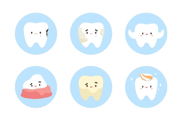 Conjunto de icono de dientes sanos y no saludables aislado sobre fondo blanco Dibujos animados de dientes para decoración