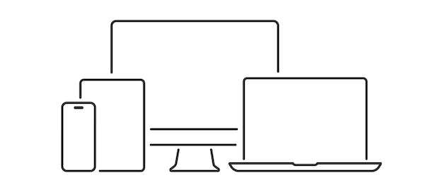 Vector conjunto de icono de dispositivo lineal computadora portátil tableta teléfono inteligente plantilla de reloj maqueta de pantalla de dispositivo