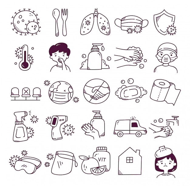 Vector conjunto de icono de doodle de virus corona