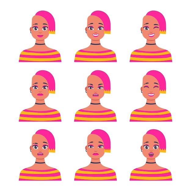 Vector conjunto de icono femenino joven con emociones en estilo de dibujos animados en diseño plano