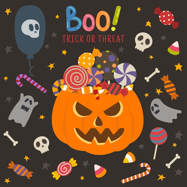 Vector conjunto de icono de halloween aislado con calabaza de caramelo y fantasma