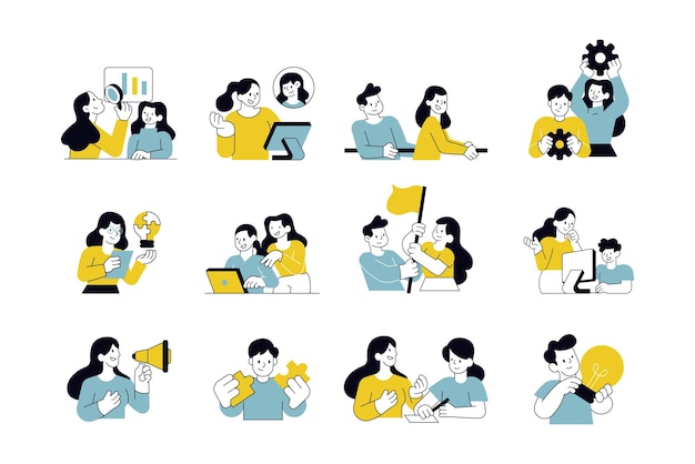 conjunto, de, icono, ilustración, trabajo en equipo