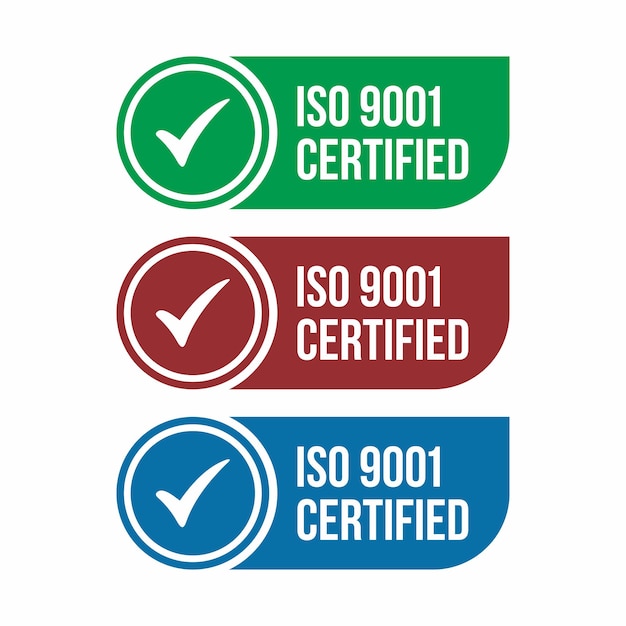 Conjunto de icono de insignia certificado ISO 9001 Sello de certificación Diseño plano Ilustración de stock vectorial
