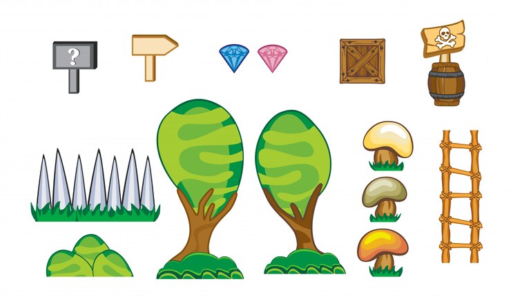 Vector conjunto de icono del juego, objeto y fondo aislado en blanco